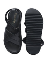 Black Synthetic Leather Cross Strap Buckle Flat Sandals (TC-OS305-BLK)