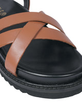 Tan Synthetic Leather Cross Strap Buckle Flat Sandals (TC-OS305-TAN)