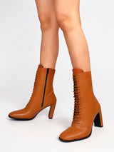 Tan Synthetic Leather Solid Block Heel Ankle Boots (TC-OSWP-3-TAN)