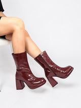 Burgundy Patent Leather Solid Chunky Platform Heel Ankle Boots (TC-OSWP-4-BUR)