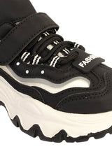 Black White Synthetic Leather Stylish Velcro Sneakers For Kids-Unisex (TC-RS1001-BLKWHT)