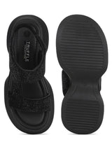 Black PU Diamonte Stylish Slip-On Flats (TC-RS3637-BLK)