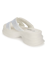 Off White PU Diamonte Stylish Slip-On Flats (TC-RS3638-OWHT)