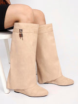 Beige Suede Padlock Detail Wedge Heel Knee High Long Boot (TC-RS3670-BEIGSUE)