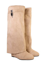 Beige Suede Padlock Detail Wedge Heel Knee High Long Boot (TC-RS3670-BEIGSUE)