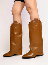 Brown Synthetic Leather Solid Block Heel Knee Boots (TC-RS3672-BRO)