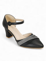 Black Synthetic Leather Embellished Block Heel Sandals (TC-RS4003-BLK)