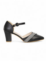Black Synthetic Leather Embellished Block Heel Sandals (TC-RS4003-BLK)