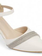 White Synthetic Leather Embellished Block Heel Sandals (TC-RS4003-WHT)