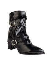 Black Synthetic Leather Pointed Toe Buckle And Studded Strap Ankle Boots (TC-RS5010-BLK)