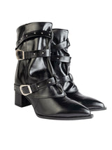 Black Synthetic Leather Pointed Toe Buckle And Studded Strap Ankle Boots (TC-RS5010-BLK)