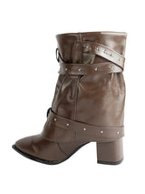 Brown Synthetic Leather Pointed Toe Buckle And Studded Strap Ankle Boots (TC-RS5010-BRO)