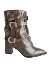 Brown Synthetic Leather Pointed Toe Buckle And Studded Strap Ankle Boots (TC-RS5010-BRO)