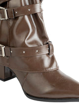 Brown Synthetic Leather Pointed Toe Buckle And Studded Strap Ankle Boots (TC-RS5010-BRO)