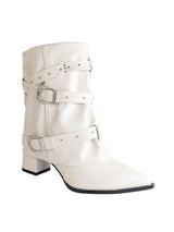Off White Synthetic Leather Pointed Toe Buckle And Studded Strap Ankle Boots (TC-RS5010-OWHT)