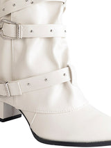 Off White Synthetic Leather Pointed Toe Buckle And Studded Strap Ankle Boots (TC-RS5010-OWHT)