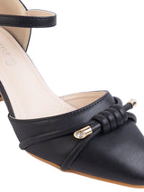 Black Synthetic Leather Embellished Pointed Toe Block Heel Sandals (TC-RSHO3-BLK)