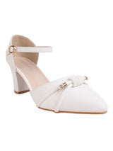 White Synthetic Leather Embellished Pointed Toe Block Heel Sandals (TC-RSHO3-WHT)