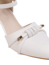White Synthetic Leather Embellished Pointed Toe Block Heel Sandals (TC-RSHO3-WHT)