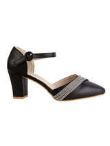Black Synthetic Leather Embellished Pointed Toe Block Heel Sandals (TC-RSHO4-BLK)
