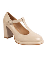 Beige Patent Leather Solid Round Toe Block Heel Sandals (TC-RSHO8-BEIG)