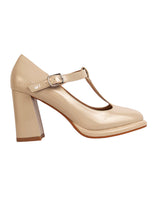 Beige Patent Leather Solid Round Toe Block Heel Sandals (TC-RSHO8-BEIG)