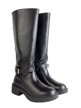 Black Synthetic Leather Round Toe Buckle Strap Zipper Knee Boots (TC-RSXR849-BLK)
