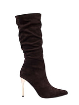 Brown Suede Gold Toned Metallic Stiletto Heel Long Boot (TC-T4995-BRO)