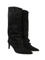 Black Suede Pointed Toe Slouched Stiletto Heel Knee High Boot (TC-T5037-BLK)
