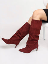 Burgundy Suede Pointed Toe Slouched Stiletto Heel Knee High Boot (TC-T5037-BUR)