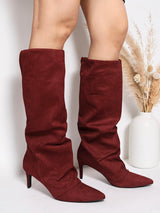 Burgundy Suede Pointed Toe Slouched Stiletto Heel Knee High Boot (TC-T5037-BUR)