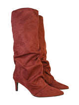 Burgundy Suede Pointed Toe Slouched Stiletto Heel Knee High Boot (TC-T5037-BUR)