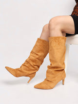 Camel Suede Pointed Toe Slouched Stiletto Heel Knee High Boot (TC-T5037-CAM)