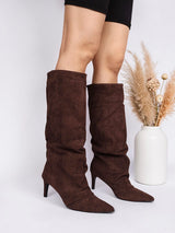 Coffee Suede Pointed Toe Slouched Stiletto Heel Knee High Boot (TC-T5037-COFF)