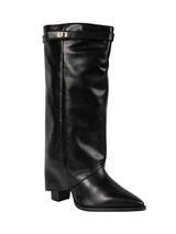 Black Synthetic Leather Gold Tone Lock Buckle Block Heel Long Boot (TC-TF282-2-BLK)