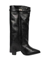 Black Synthetic Leather Gold Tone Lock Buckle Block Heel Long Boot (TC-TF282-2-BLK)