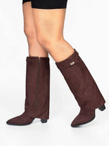 Brown Suede Gold Tone Lock Buckle Block Heel Long Boot (TC-TF282-2-BRO)