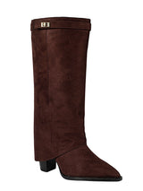 Brown Suede Gold Tone Lock Buckle Block Heel Long Boot (TC-TF282-2-BRO)