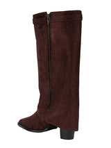 Brown Suede Gold Tone Lock Buckle Block Heel Long Boot (TC-TF282-2-BRO)