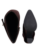 Brown Suede Gold Tone Lock Buckle Block Heel Long Boot (TC-TF282-2-BRO)