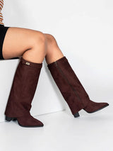 Brown Suede Gold Tone Lock Buckle Block Heel Long Boot (TC-TF282-2-BRO)