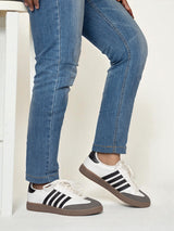 White Black Synthetic Leather Low Ankle Stylish Sneakers (TC-WOMENSAM1-WHTBLK)