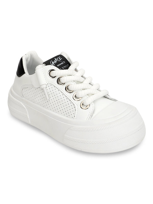 White PU Lace-Up Sneakers (TC-RS3652-WHTBLK)