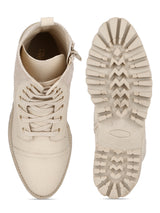 Cream Beige PU Lace Up Ankle Boots
