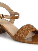 Tan Patent Woven Low Block Heels