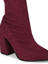 Burgundy Suede Pointed Toe Sock Mid Calf Boots