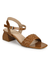 Tan Patent Woven Low Block Heels
