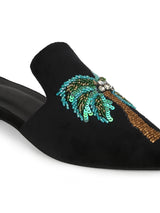 Black Suede Tropical Embroidery Kitten Heel Mules (TC-SLC-MJ-12-BLK)