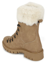 Beige Nubuck Lace Up Faux Fur Ankle Boots