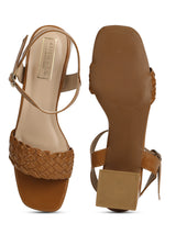 Tan Patent Woven Low Block Heels
